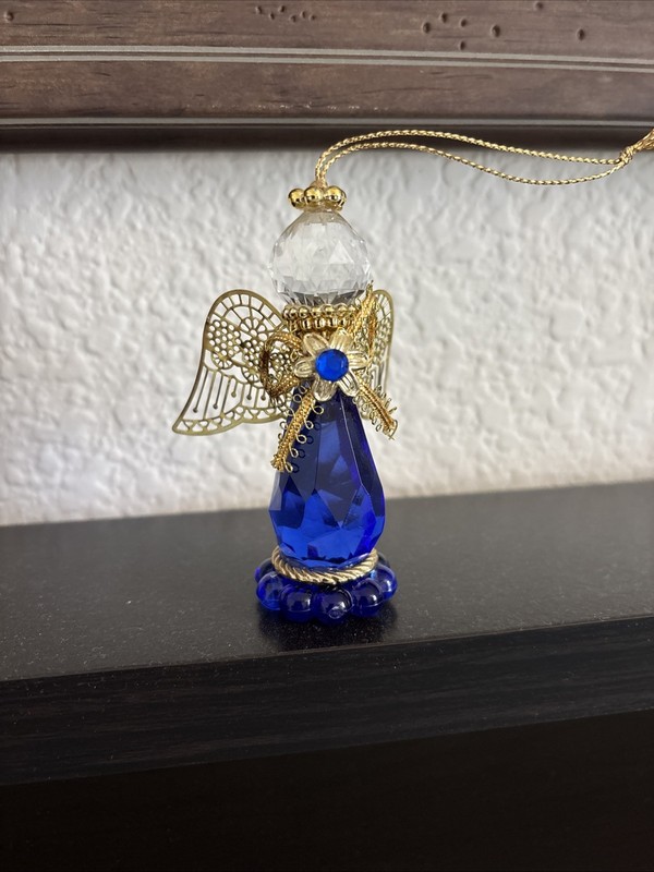 Vintage Acrylic Angel w/Gold Wings Christmas Ornament 3.25” Taiwan Blue Clear De