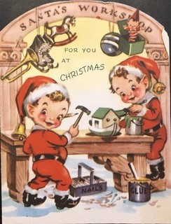 Biglietto Auguri Natale Vintage Giovani Elfi Lavoratori Nel Laboratorio di Babbo Natale Pollyanna