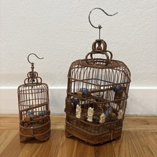 2 Vintage Chinese Songbird Bamboo Wooden Bird Cage w Porcelain Feed Bowl ANTIQUE