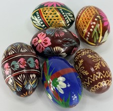 Lot 6 Wooden Easter Egg Figurines Hand Painted Flowers 2.5" Decorated Colorful