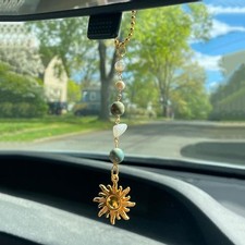 Sun Hanging Car Charm,Green and Gold Rear View Mirror Accessories Cute Green