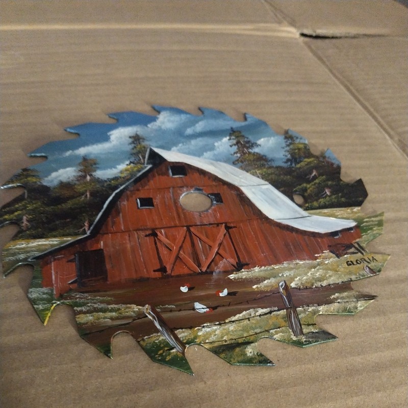 1990 Hand Painted Saw Blade Heavy 7-3/4"  Country Scene  ~Signed ~ Gloria
