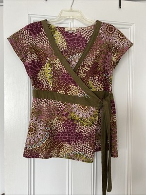 Women's Wrap Tie Top Boho Cottagecore Peasant S/M Cap Sleeve Floating Lotus