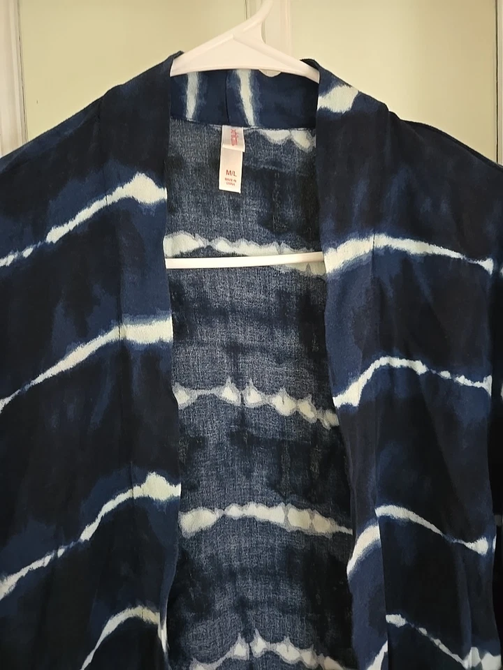 Xhilaration Mujer M/L Cárdigan Abierto Azul Blanco Tie-dye Manga Larga 100% Rayón Foto 3 de 4