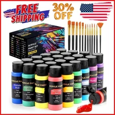 ACRYLIC PAINT SET 24-COLORS 2OZ BOTTLE Painting Artist Art Supplies 12-Brushes