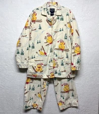 Nick & Nora Vintage Christmas Skiing Rubber Duckie Flannel Pajama Set Size XL