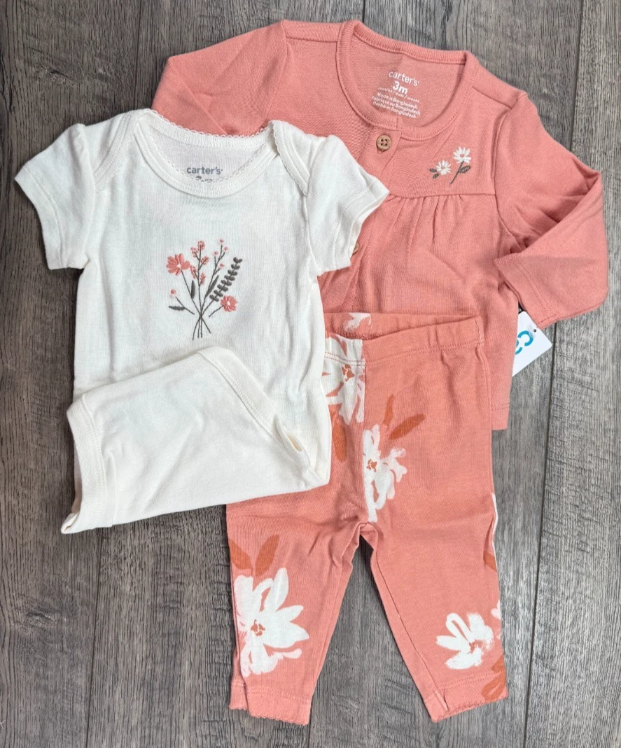 Baby Girl Clothes New Carter's 3 Month 3pc Coral Pink Floral Outfit