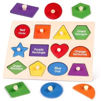 Montessori Wooden Peg Shape Puzzles for Toddlers 1-4, Sturdy Easy-Grip 