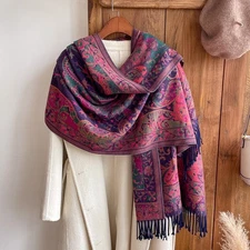 Artisan Paisley Wool Blend Shawl Scarf | Purple Pink Floral Fringe Wrap Stole