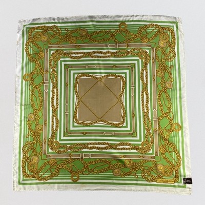Lancel Paris Vintage Silk Scarf 34x35 Square Equestrian Gold Chain Green White