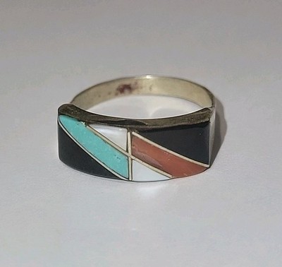 Seltene Native American Zuni Sterlingsilber Ring Mit Türkis Jet Inlay, Gr 6.25