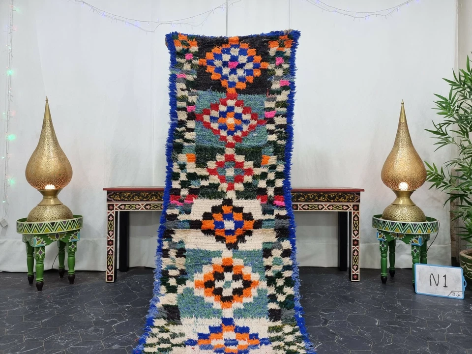 Moroccan Handmade Vintage Runner 2'4"x9'3" Berber Geometric Orange Black Carpet  - Image 2 of 4