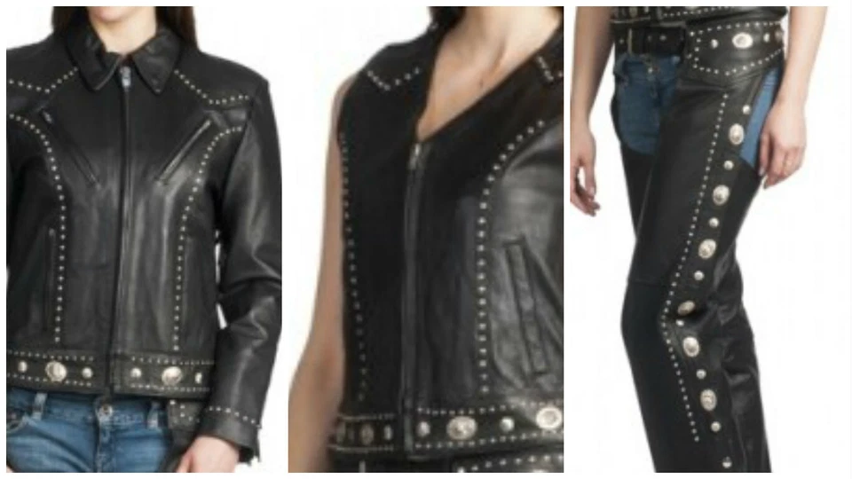 Women's Stud and Concho Black Leather Motorcycle Jacket - Image 2 of 2