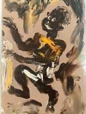 Very Beautiful Oil Painting Brut Art 1960 Africa Drum Expressionist Cardboard