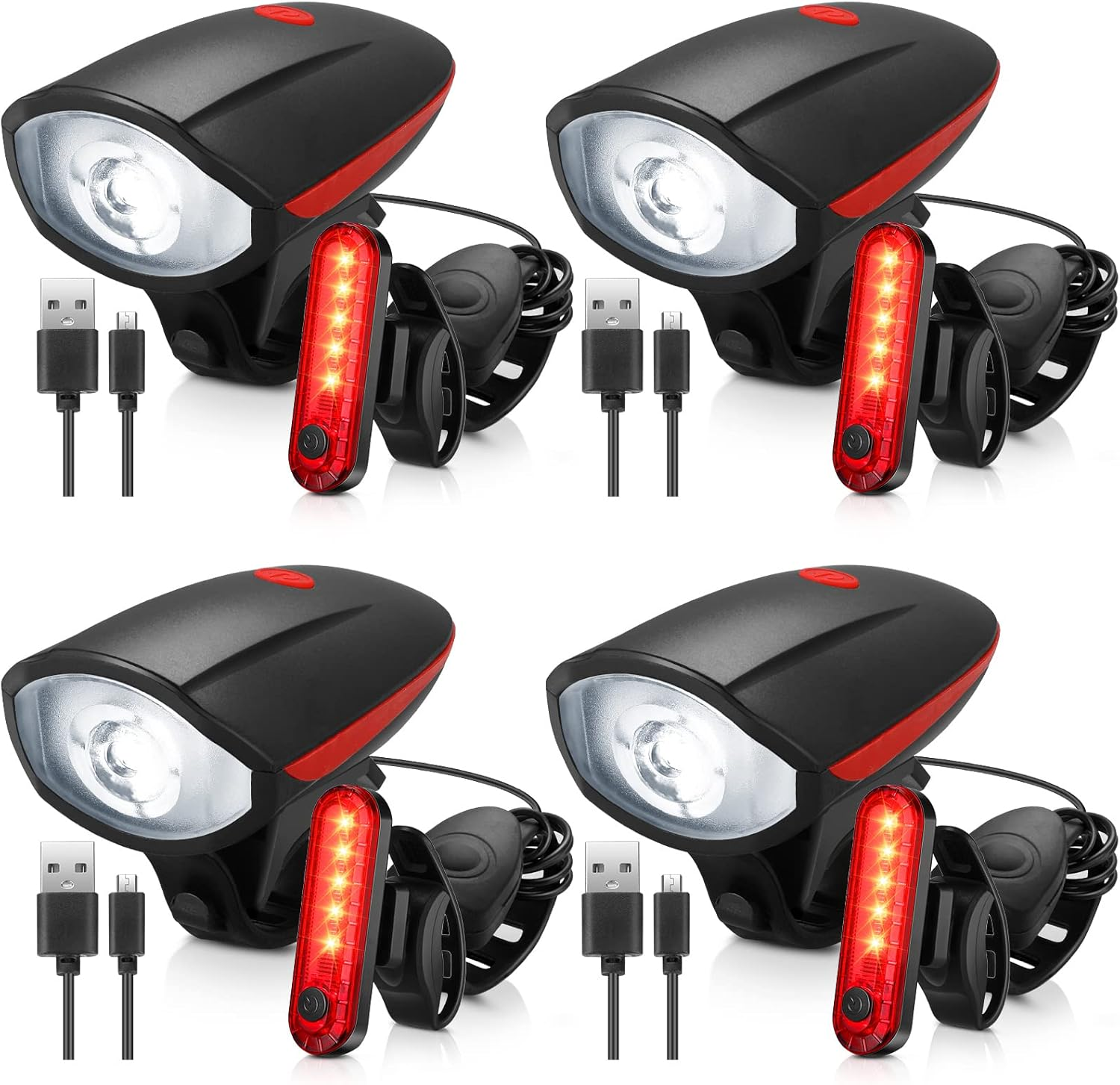 4 Sets USB Rechargeable Bright LED Bike Lights Front Headlight and Rear Safety Light