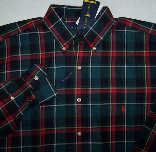 NWT Ralph Lauren BLACK/GREEN/RED PLAID Performance Flannel Shirt LT POLO PONY
