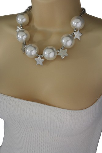 Mujeres Collar Corto de Crema Plata Estrellas de Metal Cuentas Moda Joyería Pendiente - Imagen 4 de 12