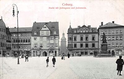 AK Postkarte Coburg Markt mit Judengasse und Judenturm Prinz Albert Denkmal