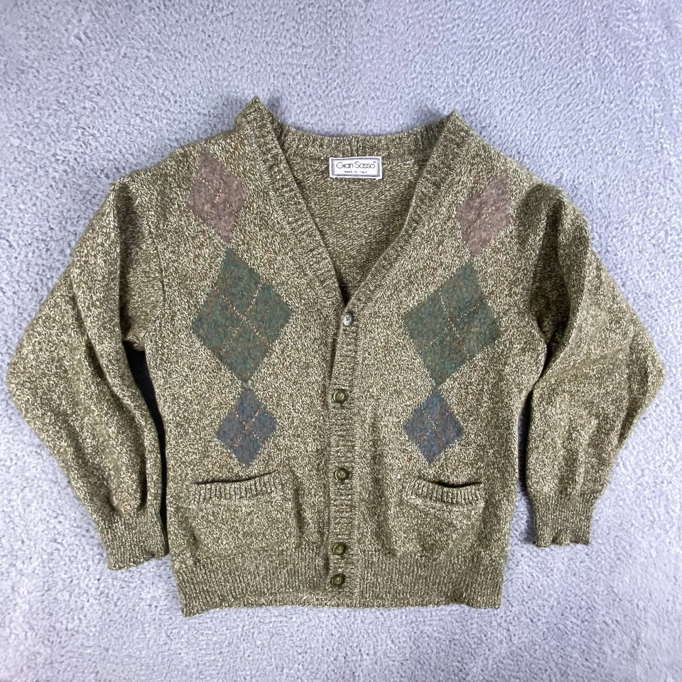 Gran Sasso Sweater Mens Small Argyle Wool Cardigan Italy Designer Grandpa Button - Image 2 of 4