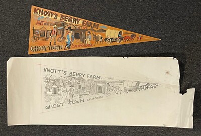 1950s/60 Vintage Pennant Mock-up Painting & Sketch Knott s Berry Farm Ghost Town