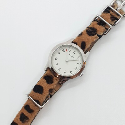 Leopard Print Silver-Tone Steel Timex Quartz Watch for Women, Fashion Timex Band