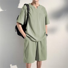 Men Summer Outfit 2-Piece Set Short Sleeve Shirt and Shorts Sweatsuit Set