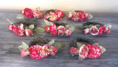 Vintage Napkin Ring Holders Floral Pink Roses and Green Leaves Set of 8