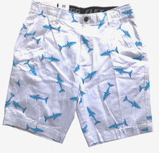 PLUGG CLOTHING Men's Shorts Size 33 Flat Front Flex Waist WHITE BLUE SHARKS NEW