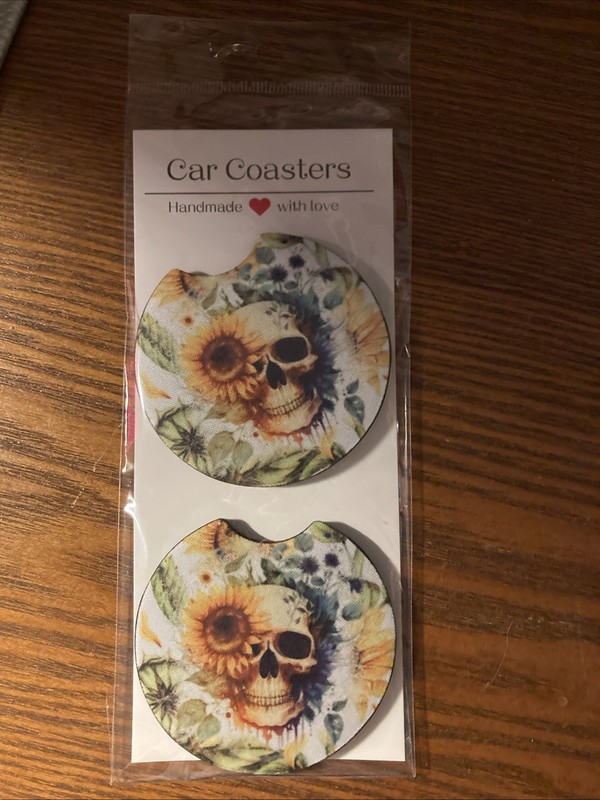Set Of 2 Custom Neoprene Car Coasters - Skull And Flower