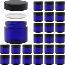 BPFY 24 Pack 2 oz Round Blue Glass Cosmetic Jars with Inner Liners 2oz 24Pack