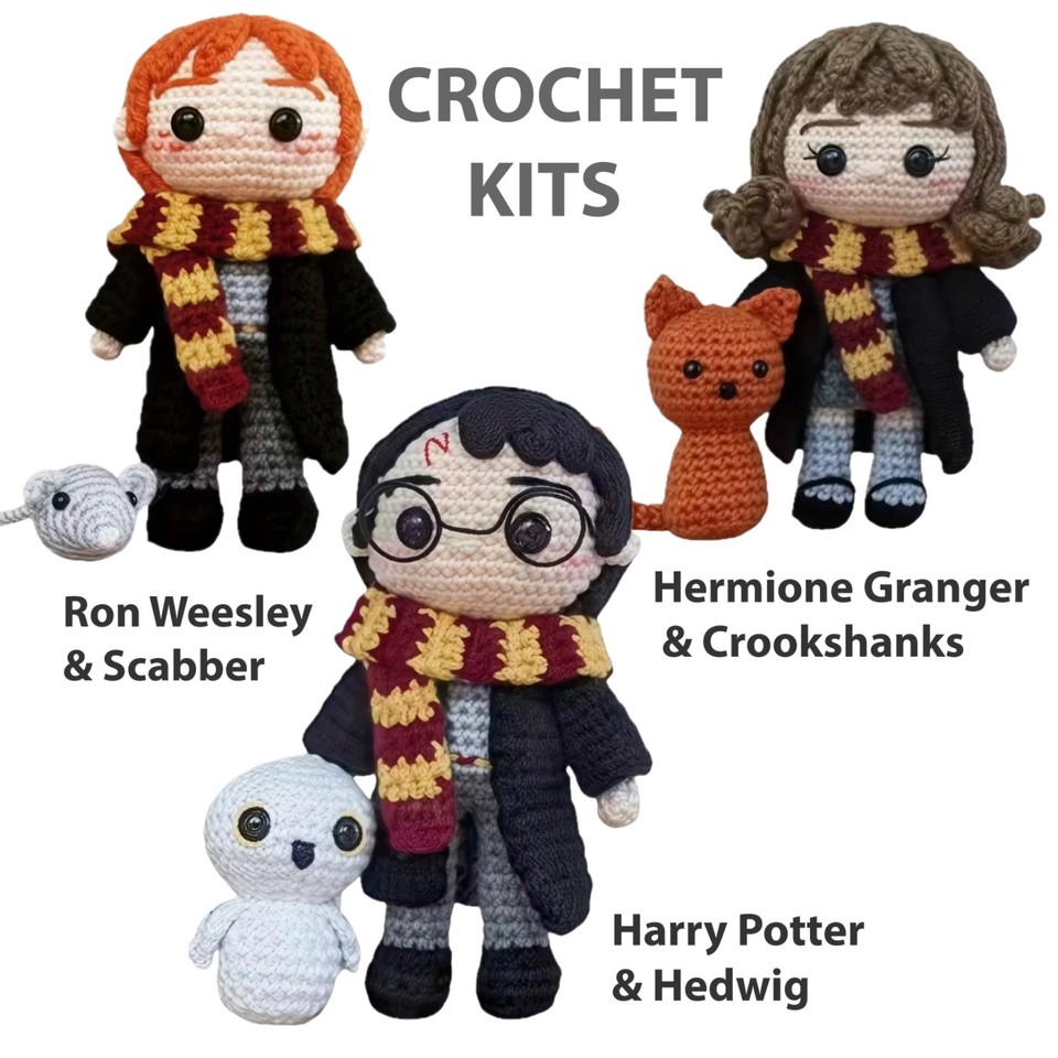KITS DE MAGO DE GANCHILLO DE 3 PERSONAJES HARRY POTTER, HARMIONE GRANGER, RON WEASLEY