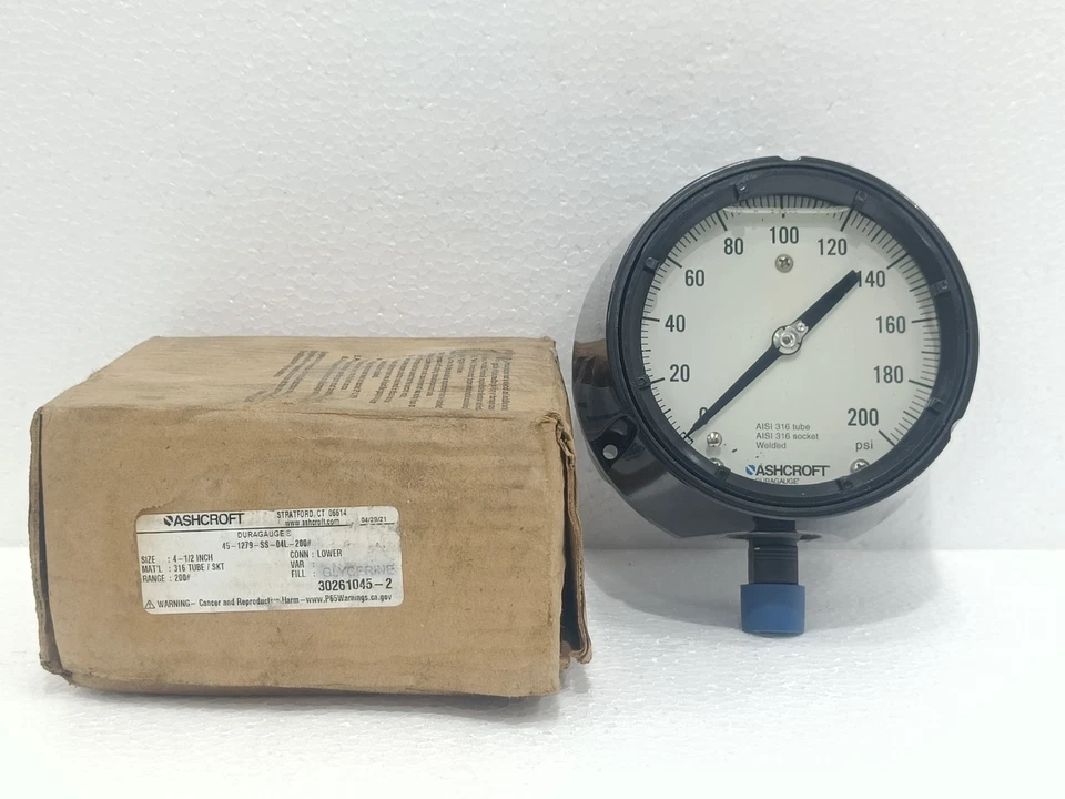 ASHCROFT DURAGAUGE 45-1279-SS-04L PRESSURE GAUGE 4.5 INCH 200 PSI 316 SS  NEW - Image 2 of 4