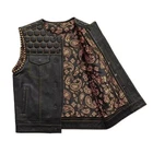 Men's Black Gold Leather Biker Vest Honeycomb Quilted Studded Paisley Lining SOA
