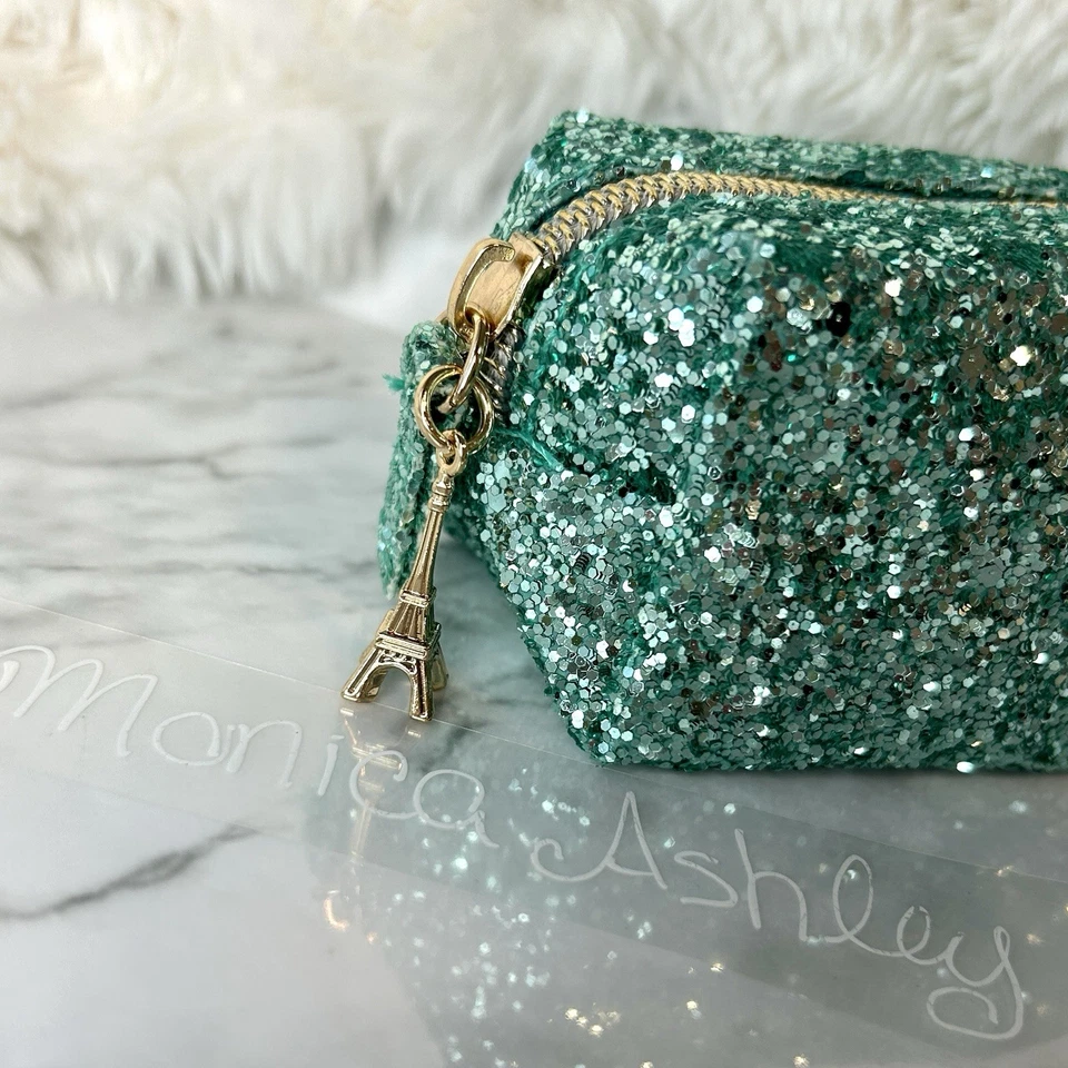 Too Faced La Petit To Go Green Glitter Mini Makeup Sparkly Case Paris Charm, New - Image 2 of 4