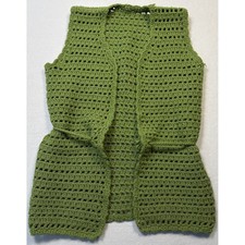 Womens Sweater Vest Olive Green Knitted Boho Cottagecore Crochet Tie Open Front