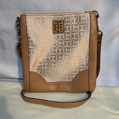 Tommy Hilfiger Signature Logo Crossbody Bag Beige Tan Shoulder Purse Gold