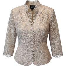 Alex Evenings Neutral Soutache Floral Mesh Evening Jacket Mandarin Collar Small
