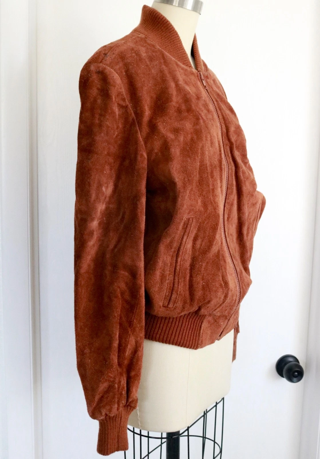 Copper Brown Suede Leather Bomber Jacket Mens Small Vintage Zip Up image 4