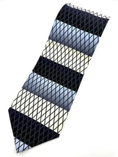 BERGAMO NEW YORK Pure Silk Black Slate Blue & Pale Yellow Wide Striped Neck Tie