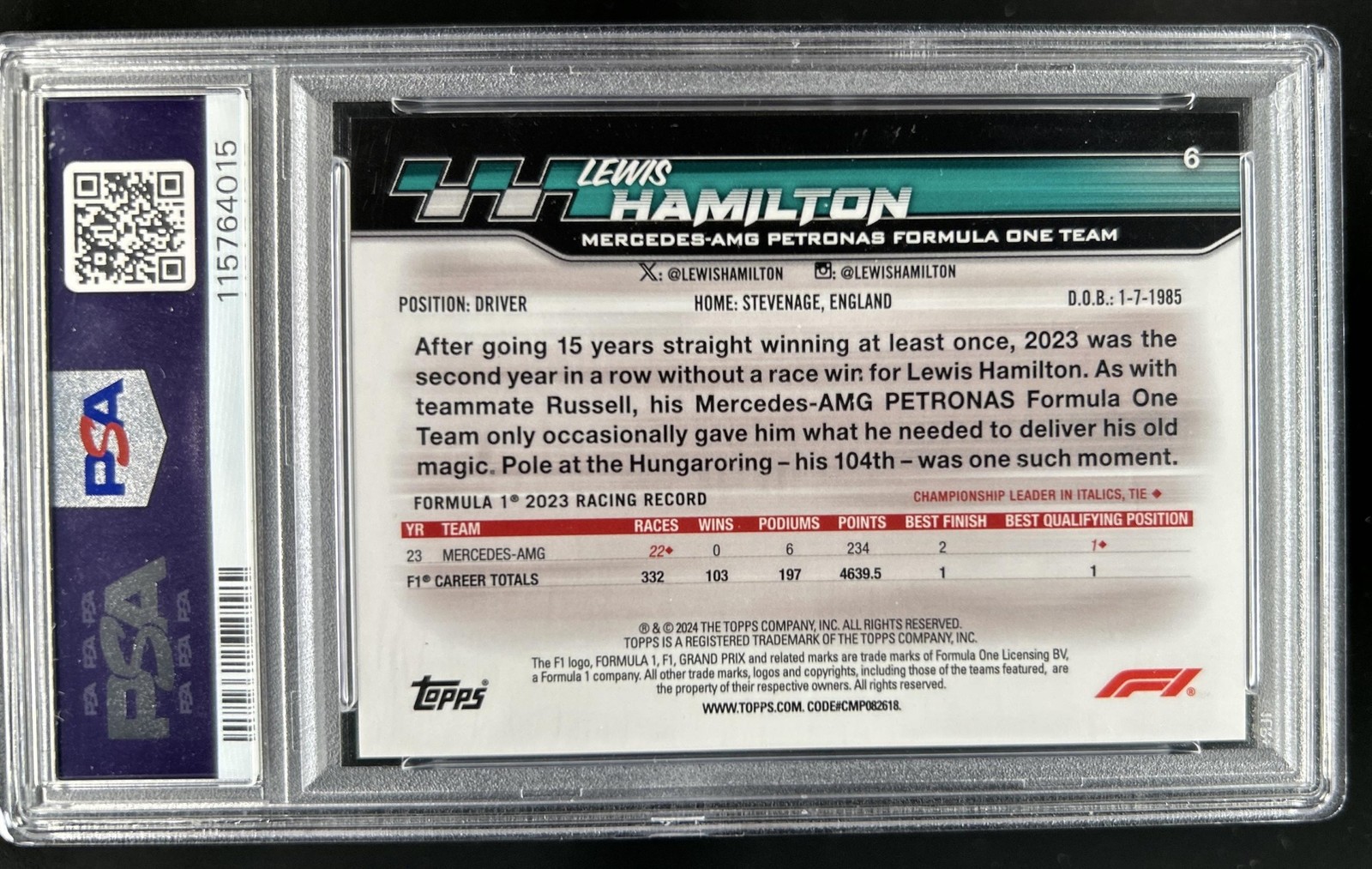 2024 Topps Paddock Pass F1 Formula 1 Lewis Hamilton Green Refractor #/275 PSA 9 view 2