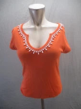 Talbots Size S Womens Orange 100% Cotton Beads Short Sleeve Beauty Comfy Top 308