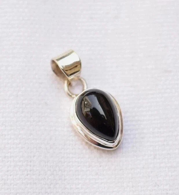 Natural Black Onyx Pear Cut Sterling Silver Handmade Pendant Certified Gems