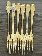 Lot 6 Gold Tone Stainless Pickle Forks Set 18-8 Fine Sense