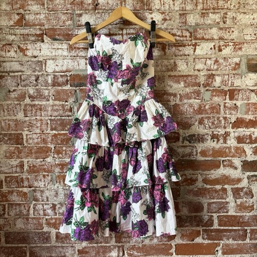 Nuevo con etiquetas Vestido Vintage Años 80 Jodi Schwartz Bill Berman Floral Algodón Cintura Caída. 13