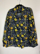 Barry Wang Mens Long Sleeve Floral Dress Shirt Size Large Black Yellow Hawaiian