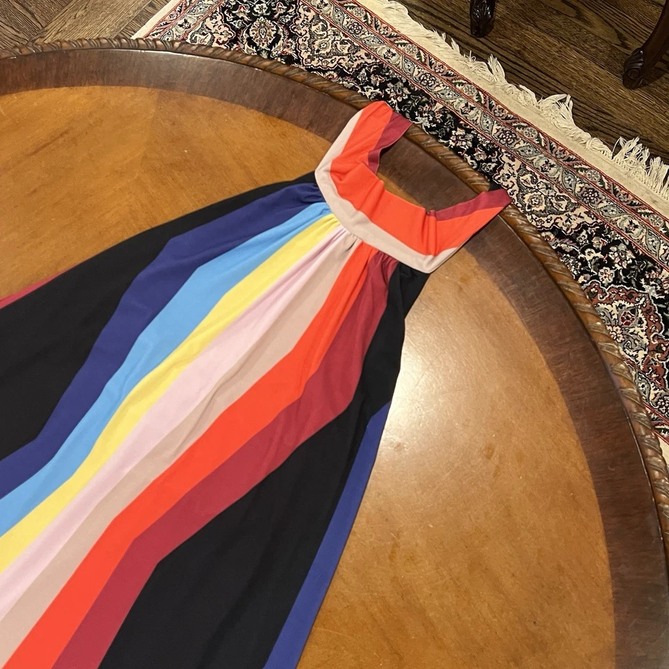 Judith March Rainbow Stripe Maxi Halter Dress Large Backless Resortwear Flowy - Image 4 of 4