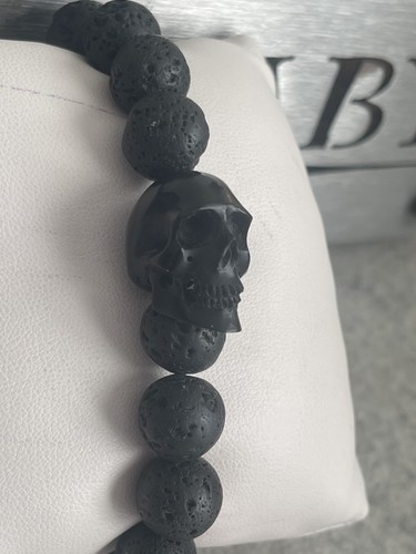 KING BABY STUDIO *RARE* 12mm Lava Bead Bracelet w/Jet Carved Skull Size Med