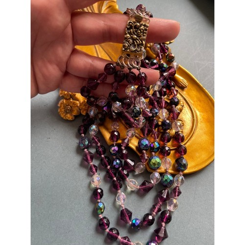 Vintage Aurora Borealis Bead Necklace Purple Multi Strand Italian Glass Beads - Picture 7 of 10