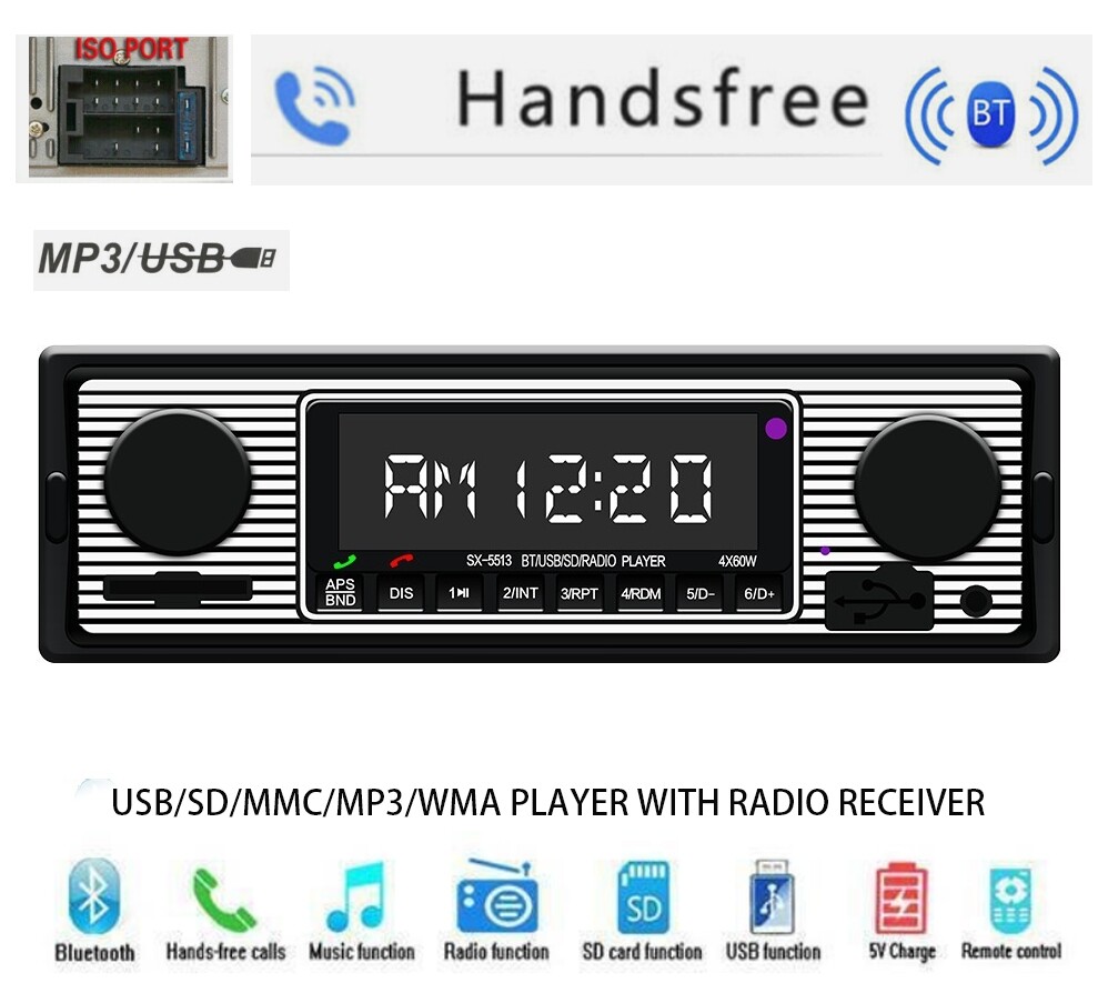 Classic Single Din Car Bluetooth BT Stereo FM Radio MP3 Player USB SD AUX Audio