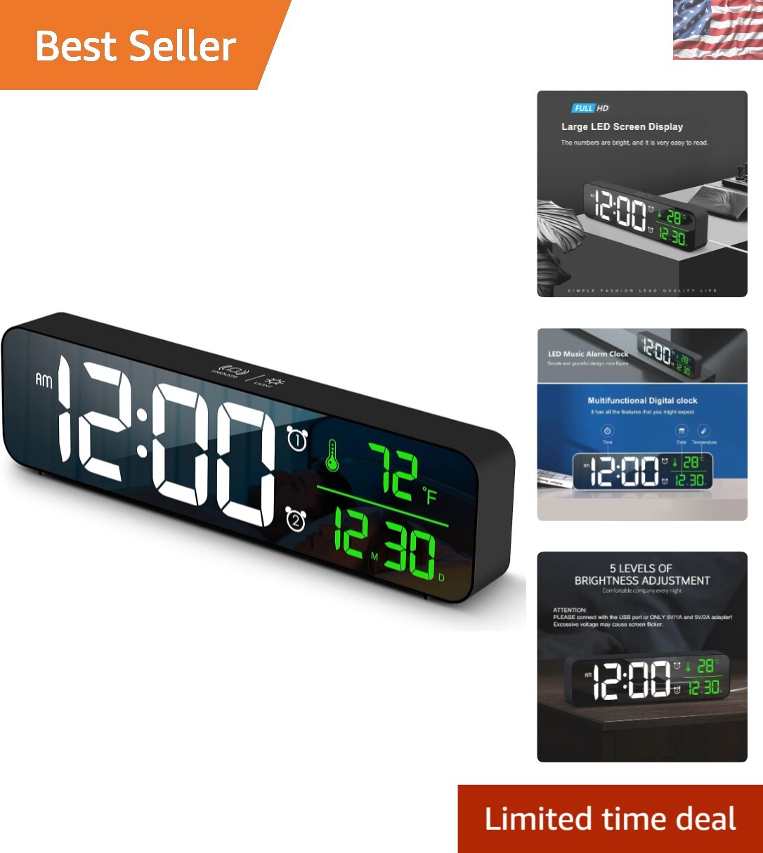Smart Digital Alarm Clock with Memory Function and Adjustable Ringtones - Black